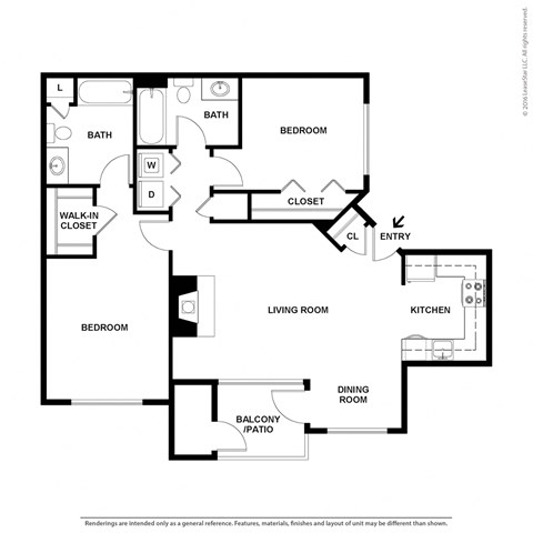 Floor plan for 2 beds, 2 baths, 966 sqft
